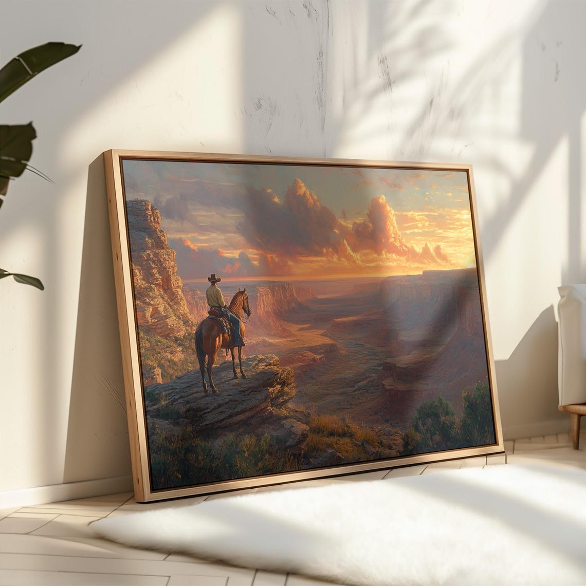 Lone Cowboy Overlooking Sunset Canyon Dramatic Western Horseback Landscape Wall Art Print Rugged Desert View Painting - Image 5