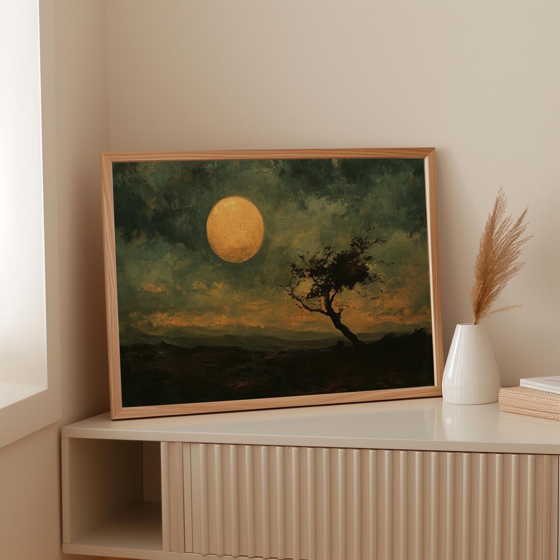 Twilight Moon Over Windswept Tree, Moody Landscape - Image 2