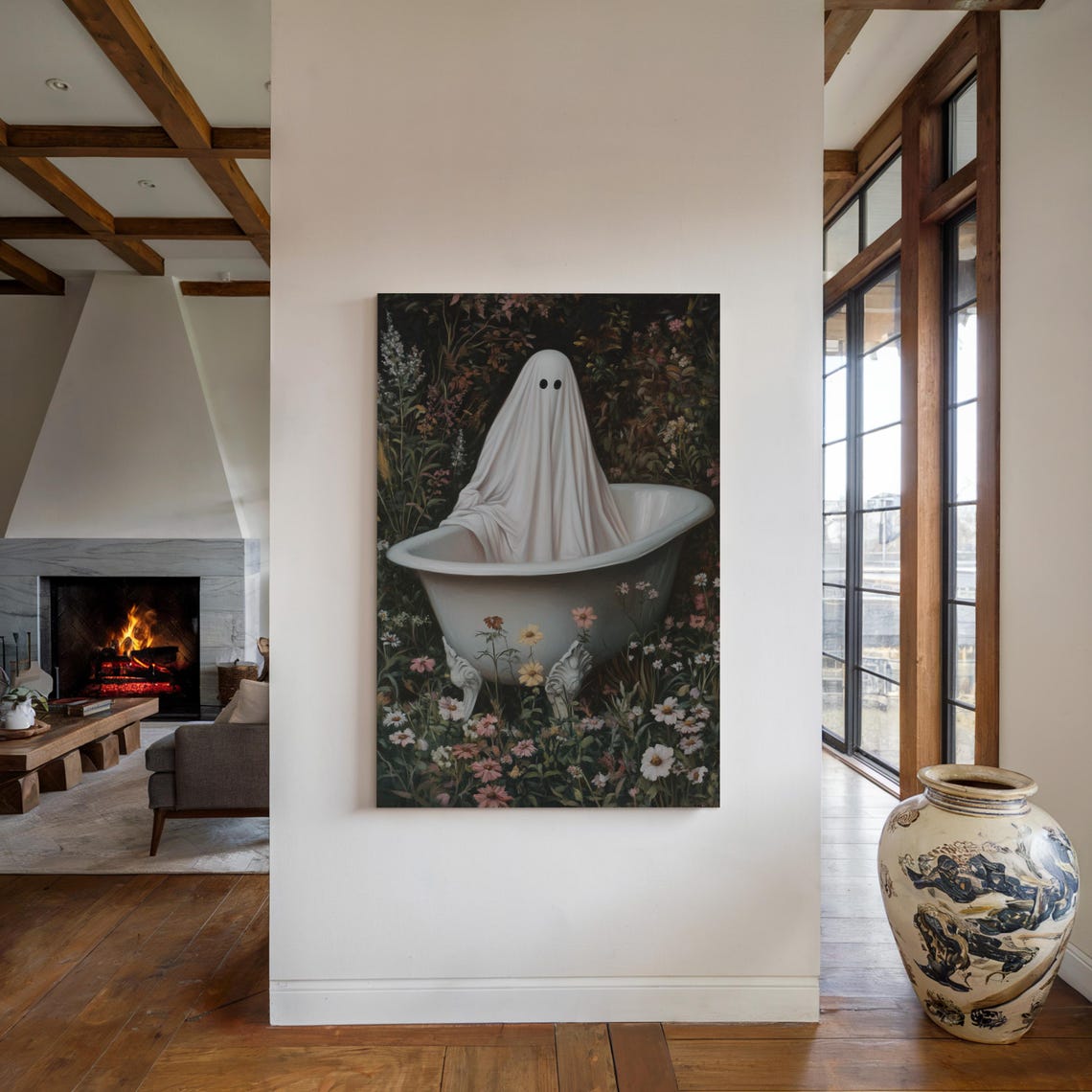 Cute Ghost In Vintage Clawfoot Bathtub Wildflower Art Poster - Image 2
