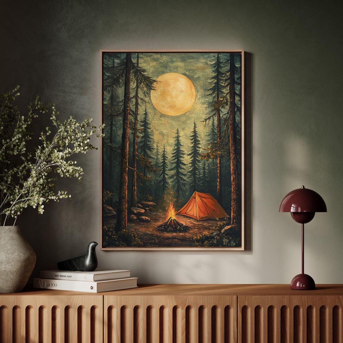 Moonlit Camping Scene Print Cozy Campfire Night Rustic Forest Art Wilderness Adventure Wall Decor Tent Under Full Moon - Image 2