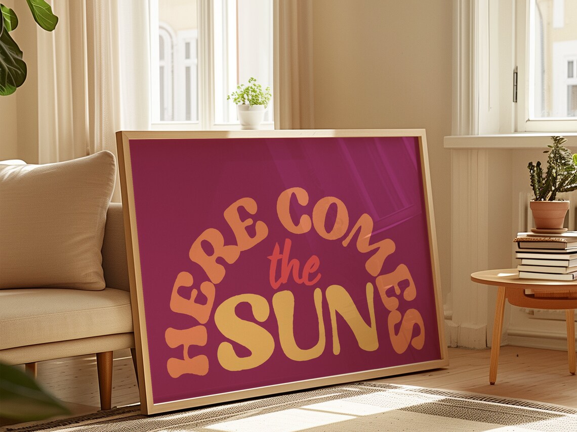 Here Comes The Sun Arched Retro Lettering Magenta Music Art Poster - Image 2