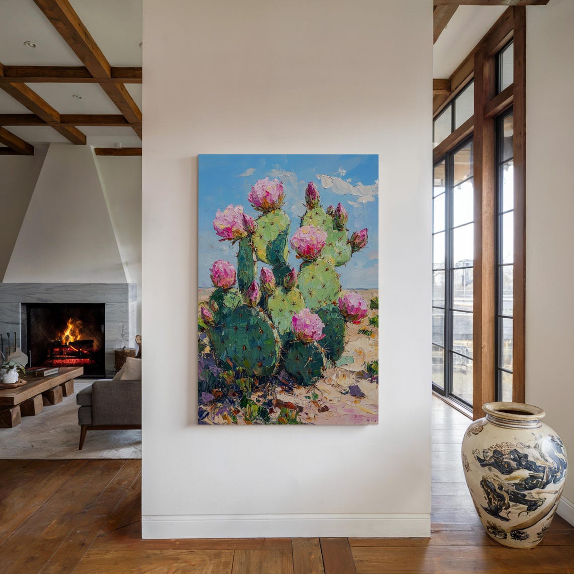 Blooming Prickly Pear Cactus Pink Flowers Blue Sky Desert Print - Image 3