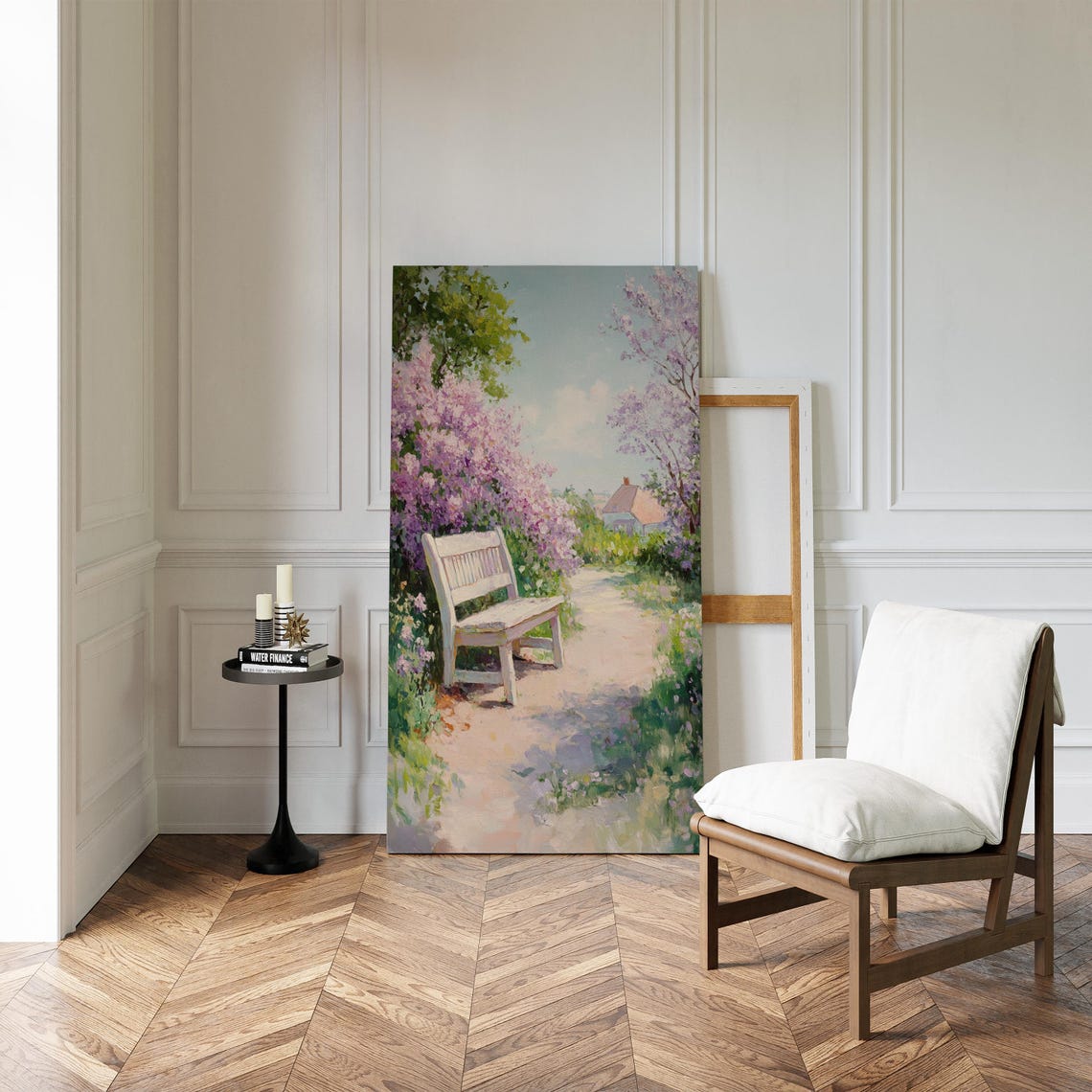 White Garden Bench Blooming Lilacs Spring Cottage Path Floral Poster - Image 4