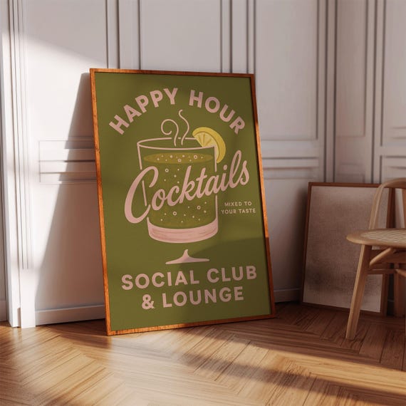 Happy Hour Cocktails, Retro Bar Art Print