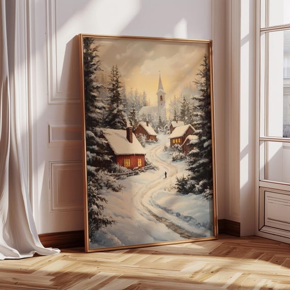 Peaceful Winter Village Scene, Rustic Holiday Decor
