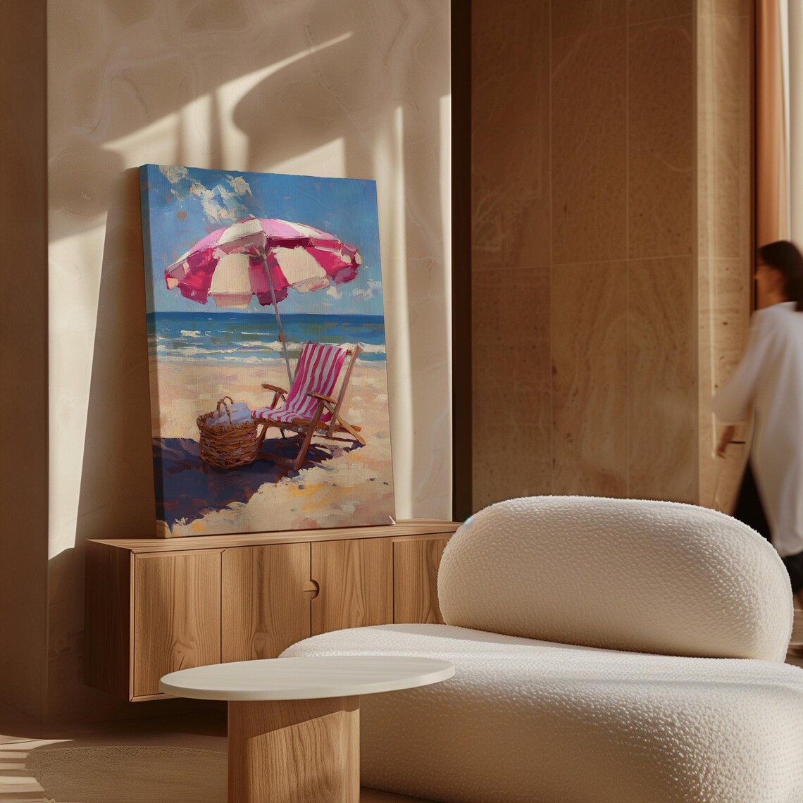 Pink Striped Beach Umbrella Chair Basket Sunny Seaside Art Print - Image 5
