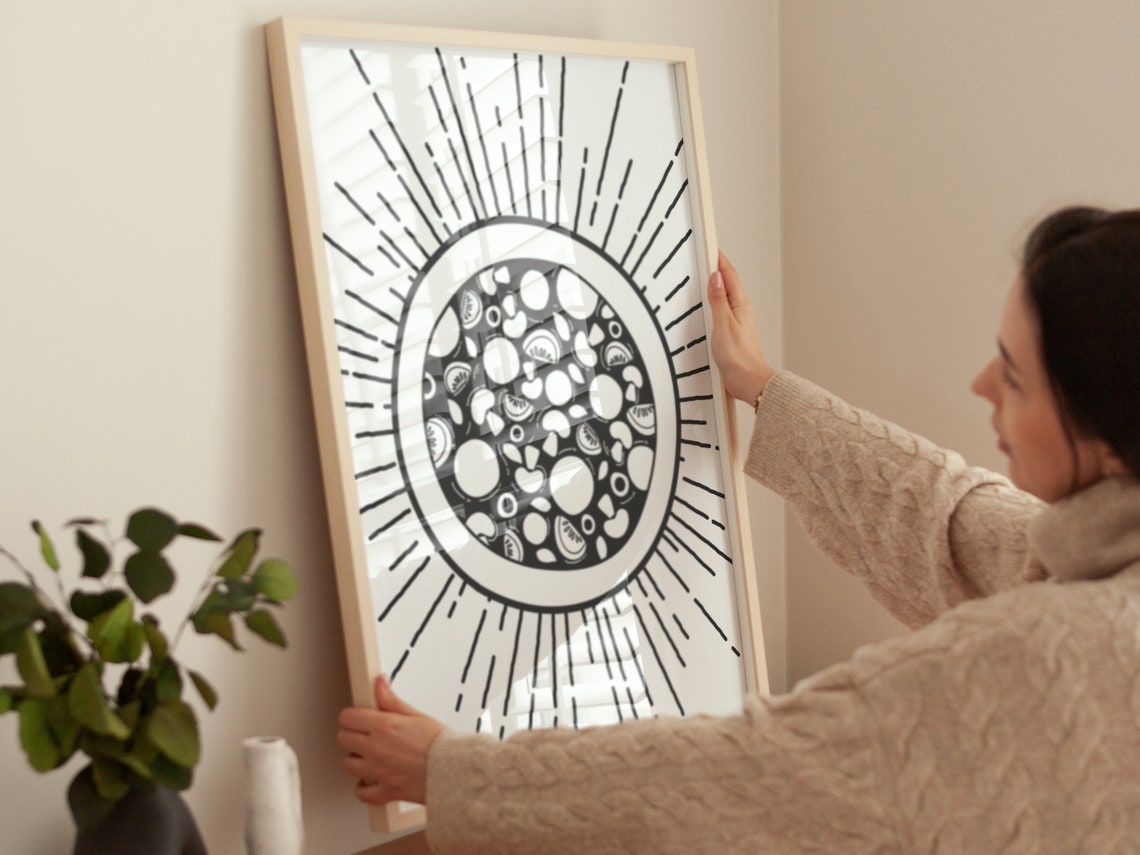 Black White Pizza Slice Line Art Circle Sunburst Kitchen Poster