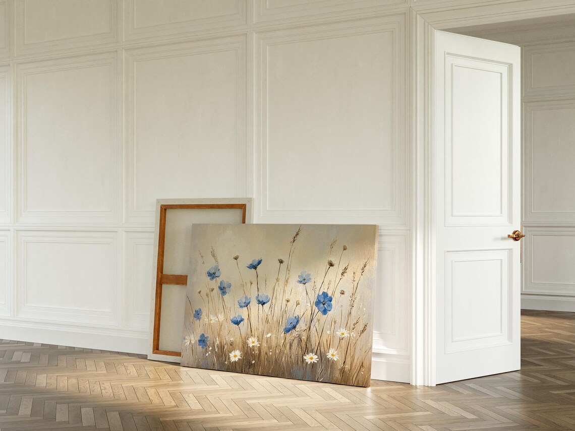 Blue Wildflowers In Golden Meadow Soft Beige Floral Wall Art - Image 4