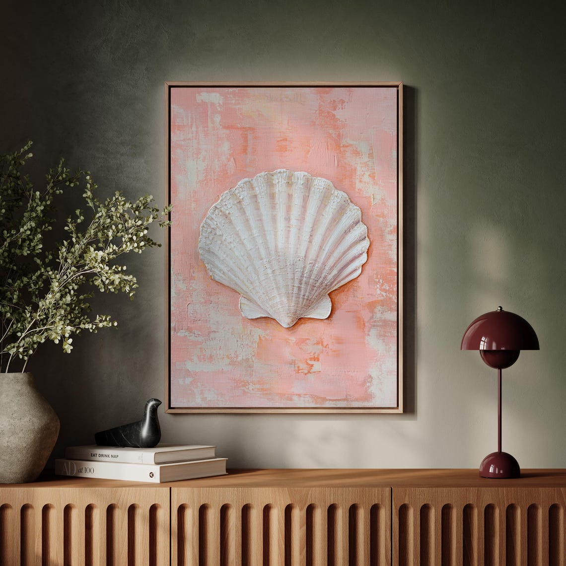 Textured White Scallop Shell Coral Pink Impasto Coastal Art Poster - Image 5