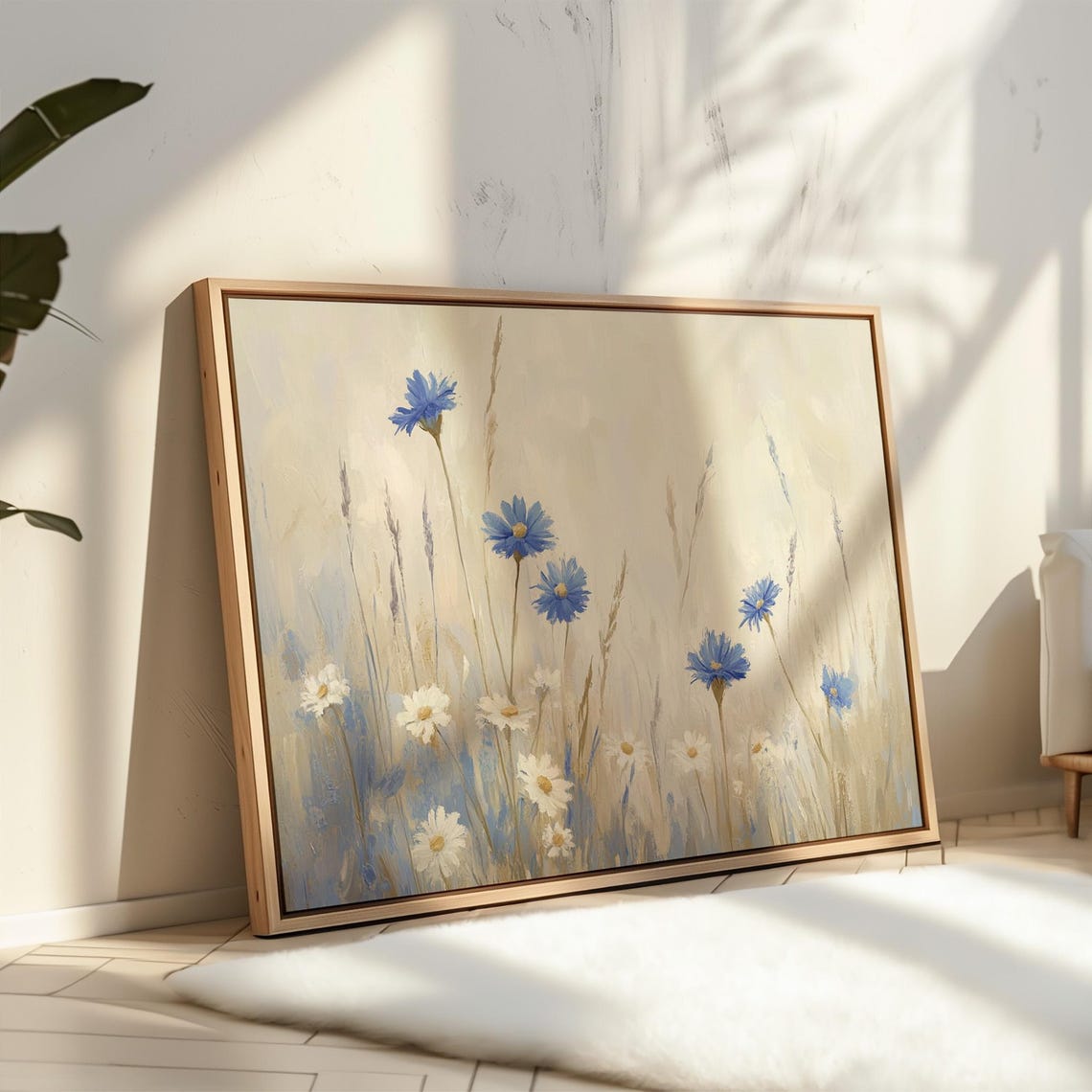 Blue Cornflowers And Daisies Soft Beige Wildflower Meadow Wall Art