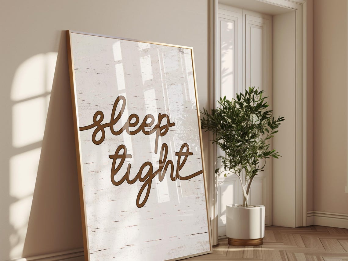 Sleep Tight Rustic Brown Script Minimalist Bedroom Quote Wall Art