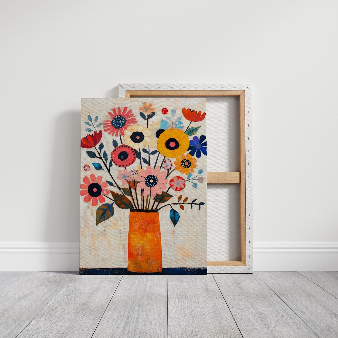 Whimsical Daisy Sunflower Bouquet Orange Vase Folk Art Wall Print - Image 5