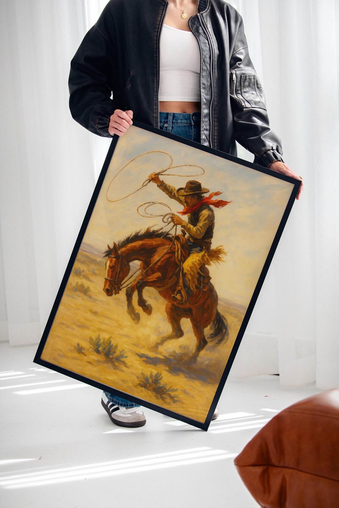 Wild West Cowboy Roping on Horse, Western Rodeo Art Print - Image 2