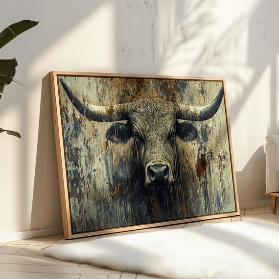 Rustic Longhorn Bull Art Print Western Farmhouse Wall Decor Cowboy Ranch Style Bold Cattle Portrait Texas Rodeo Home Decor