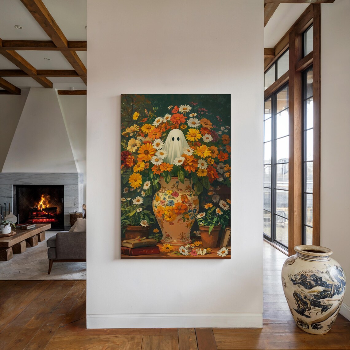 Ghost In Autumn Flower Vase Playful Halloween Floral Wall Art - Image 3