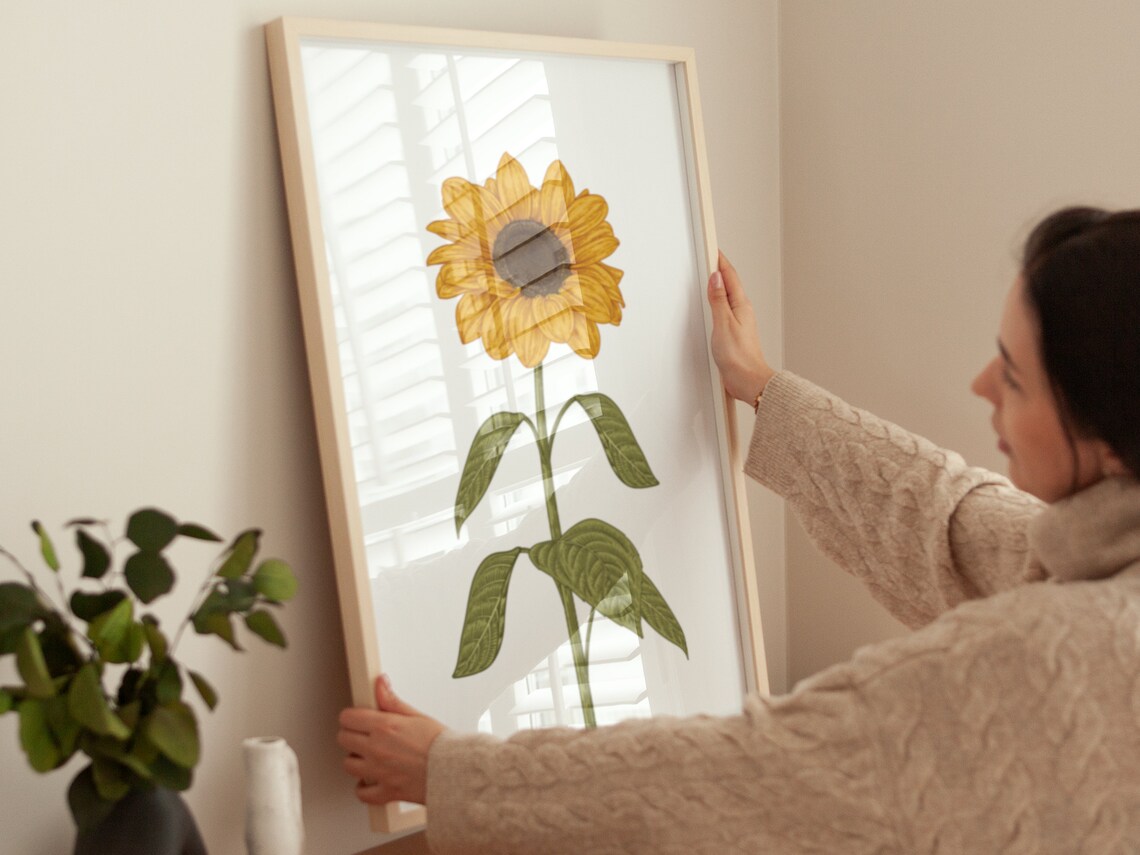 Sunflower Stem Botanical Illustration Vintage Style Floral Wall Art - Image 2