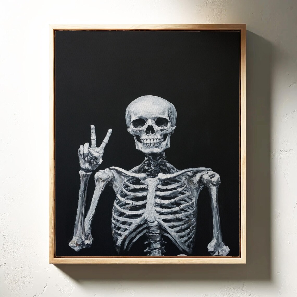 Grinning Skeleton With Peace Sign, Gothic Art