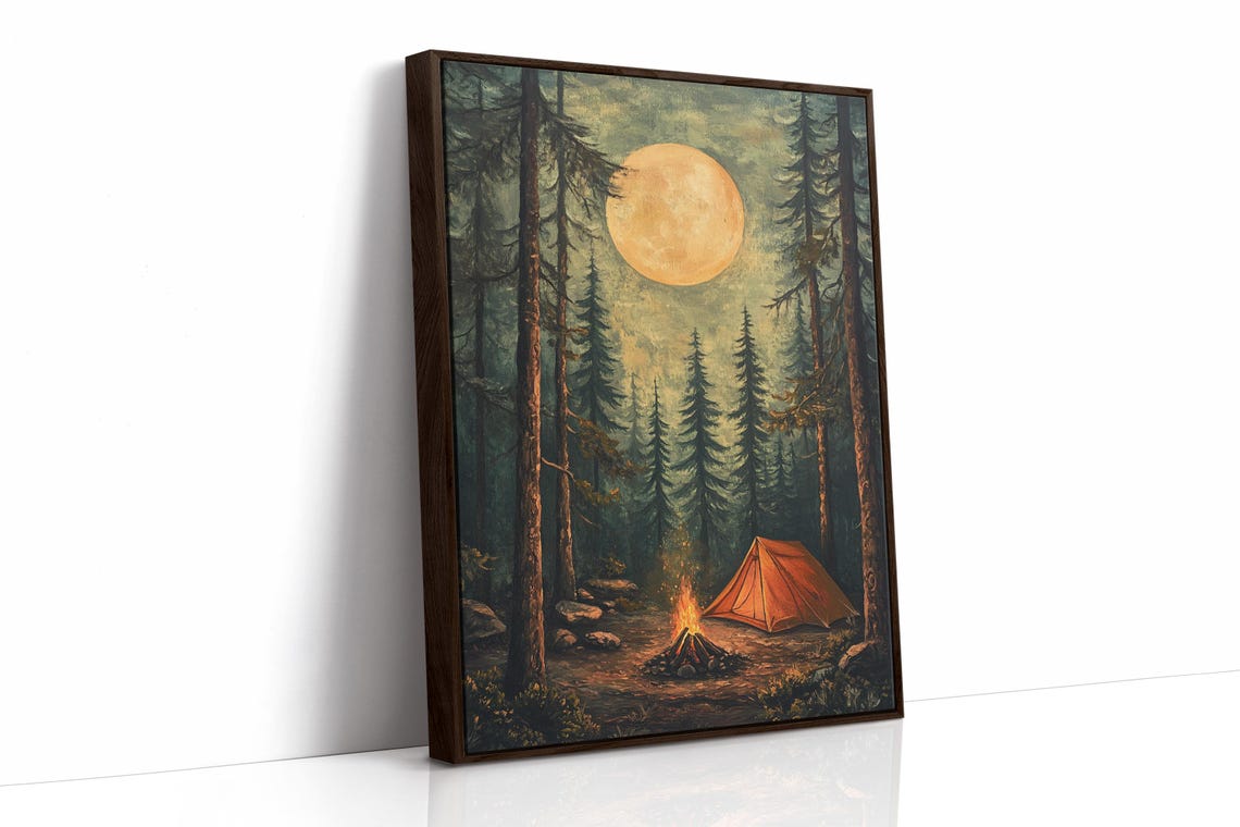 Moonlit Camping Scene Print Cozy Campfire Night Rustic Forest Art Wilderness Adventure Wall Decor Tent Under Full Moon - Image 4