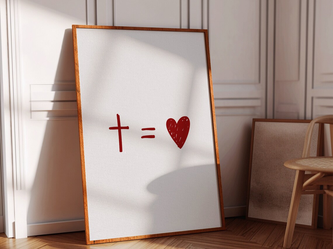 Cross Equals Heart Red Minimalist Christian Faith Symbol Art Poster - Image 2