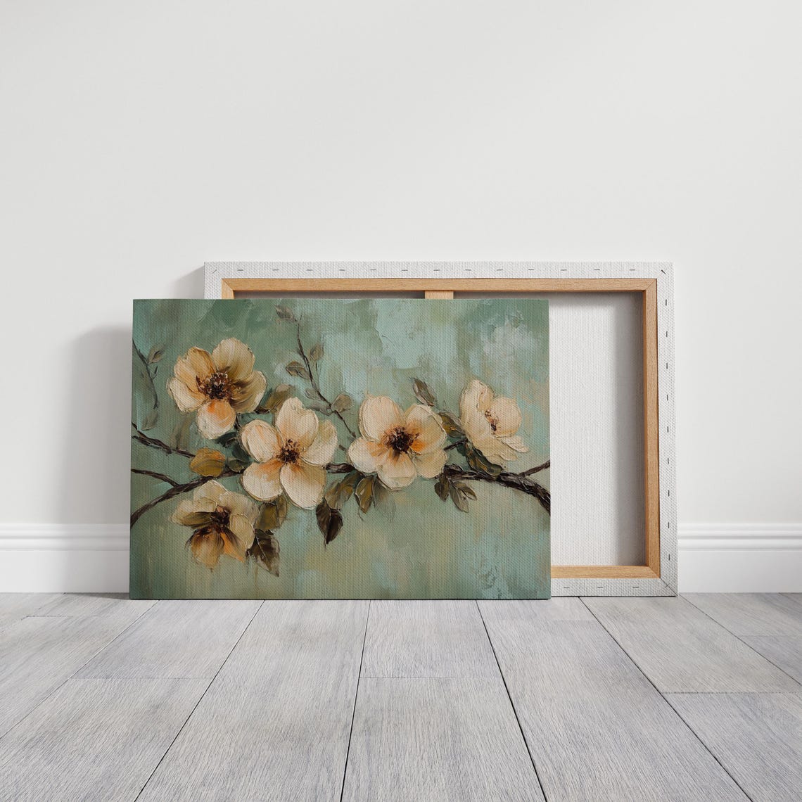 Creamy Yellow Blossoms Branch Sage Green Textured Floral Art Poster - Image 5