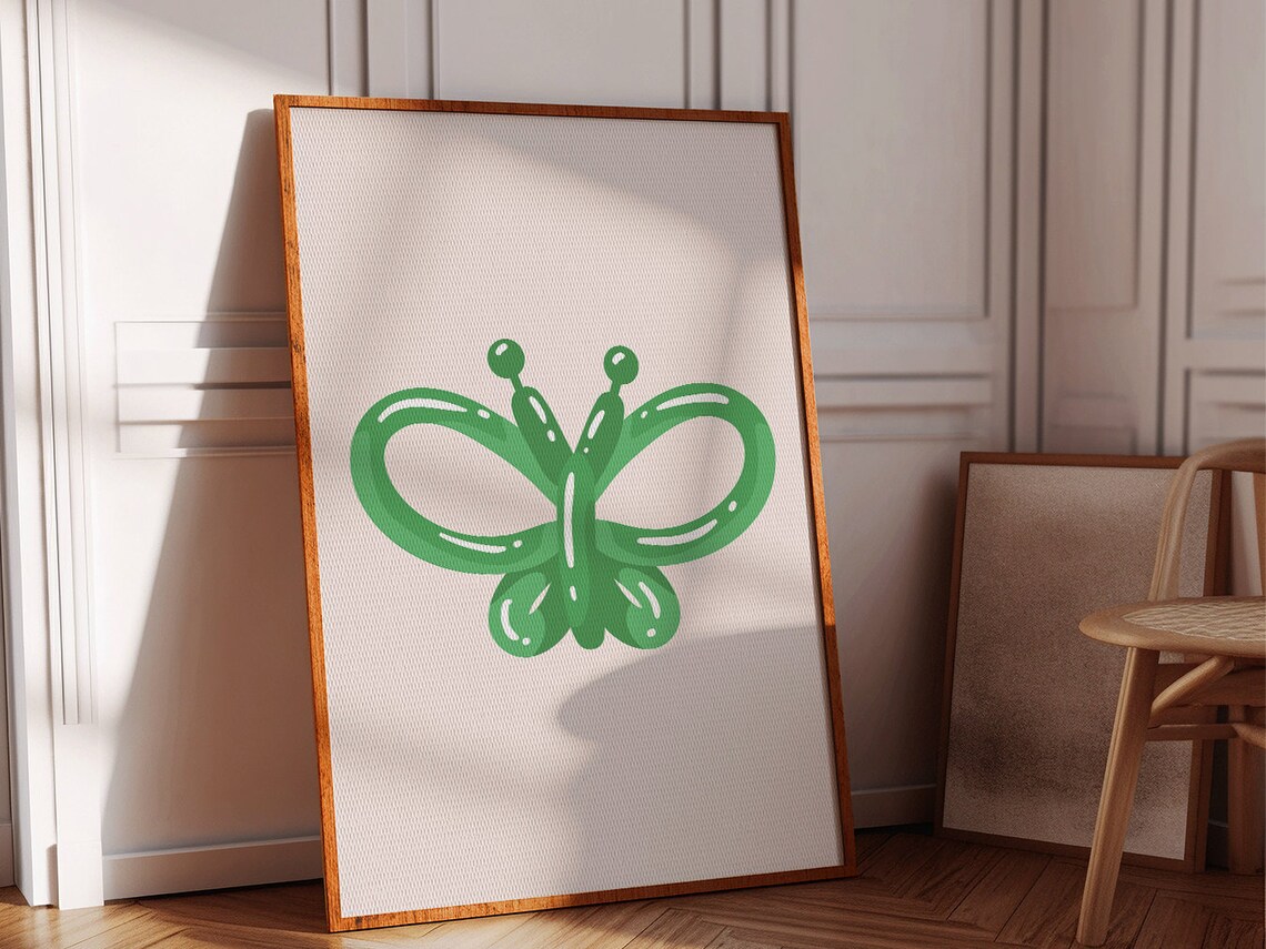 Bright Green Balloon Butterfly Minimalist Boho Kids Room Decor Poster - Image 2