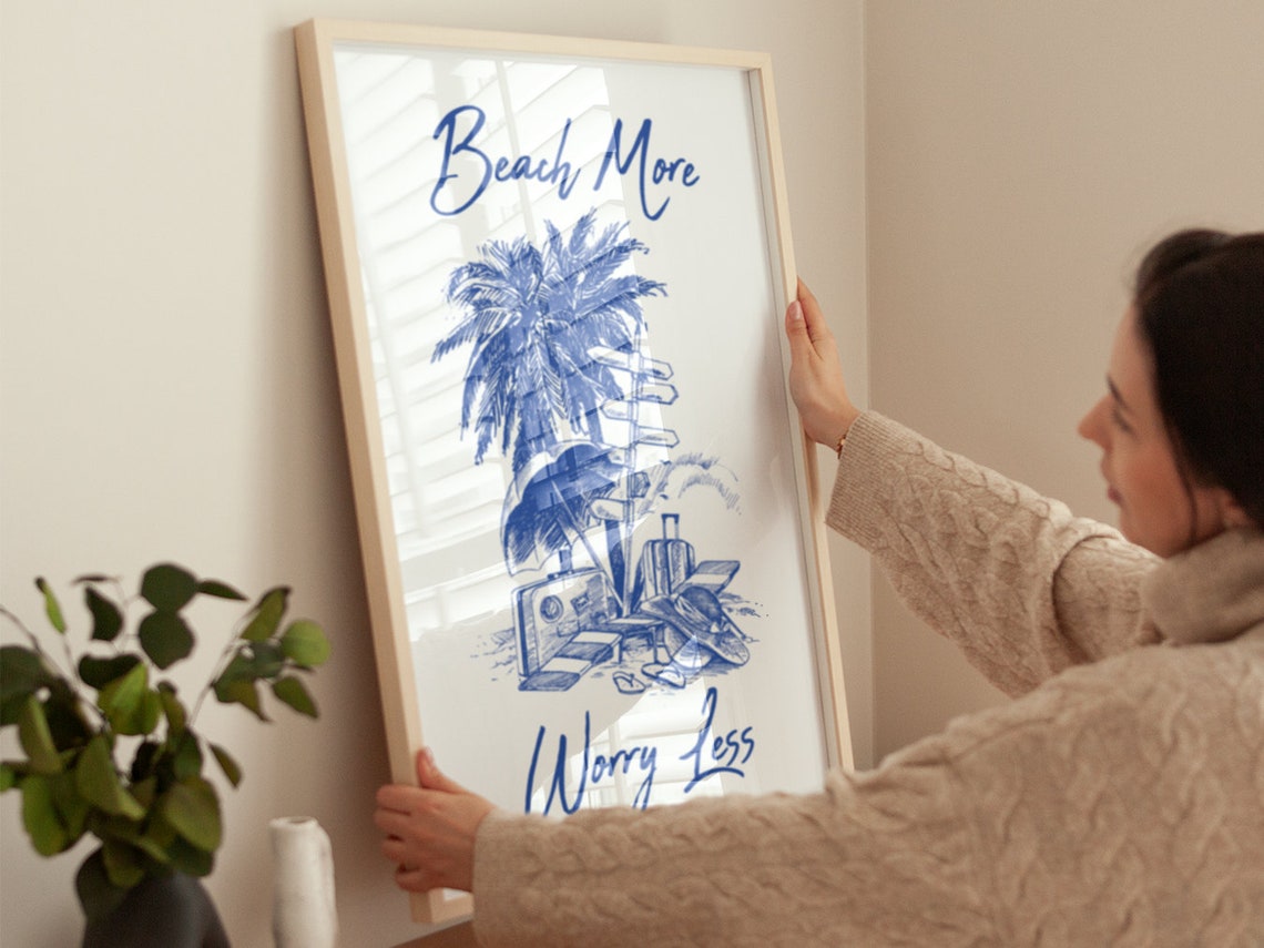 Beach More Worry Less Blue Palm Tree Coastal Quote Wall Poster - Image 4