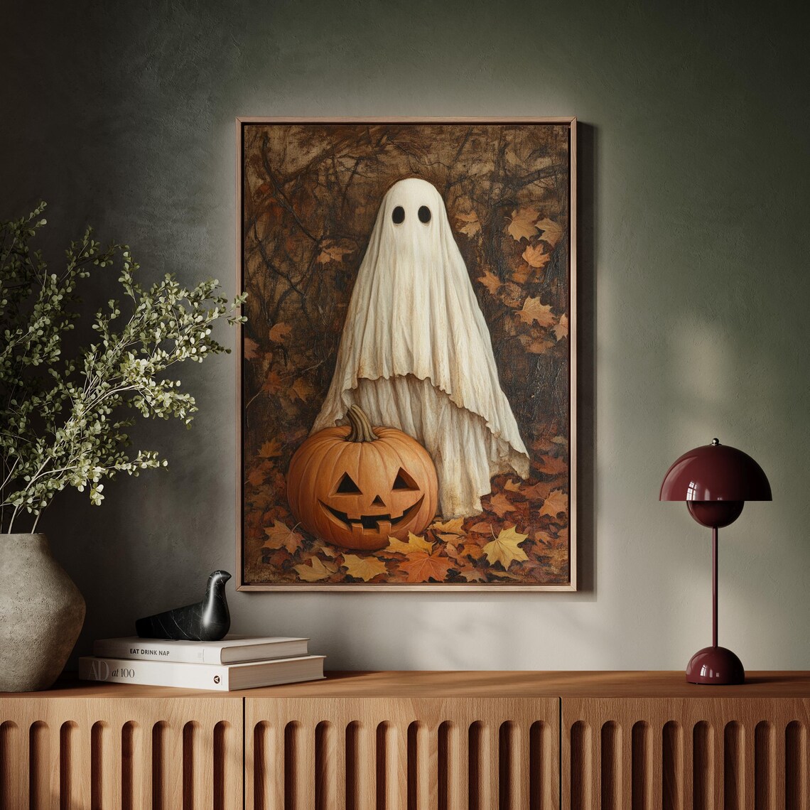 Cute Ghost With Carved Pumpkin Autumn Leaves Halloween Wall Art - Image 5