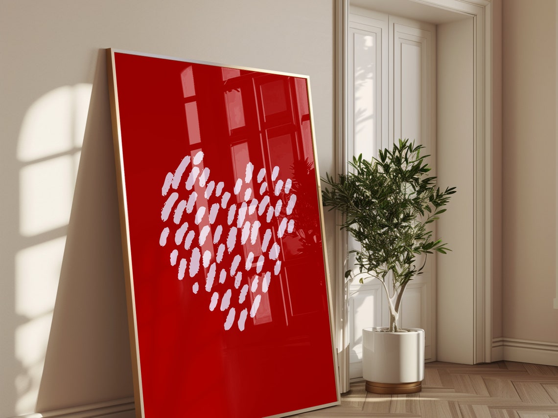 Abstract Red Heart White Brushstrokes Bold Romantic Wall Art Poster - Image 2
