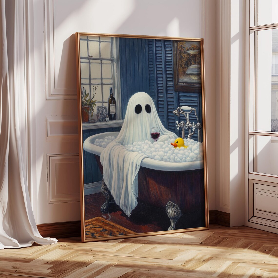 Ghost Relaxing In Bubble Bath With Wine And Rubber Duck Poster - Image 3