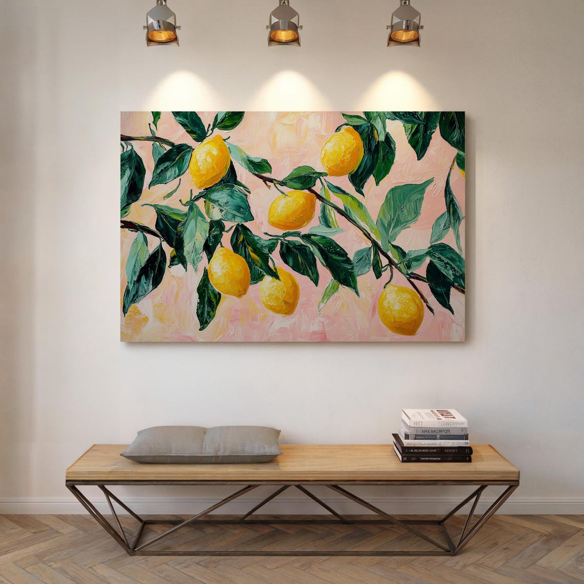 Lemon Tree Branches Bright Yellow Lemons Pastel Pink Oil Art Poster - Image 3