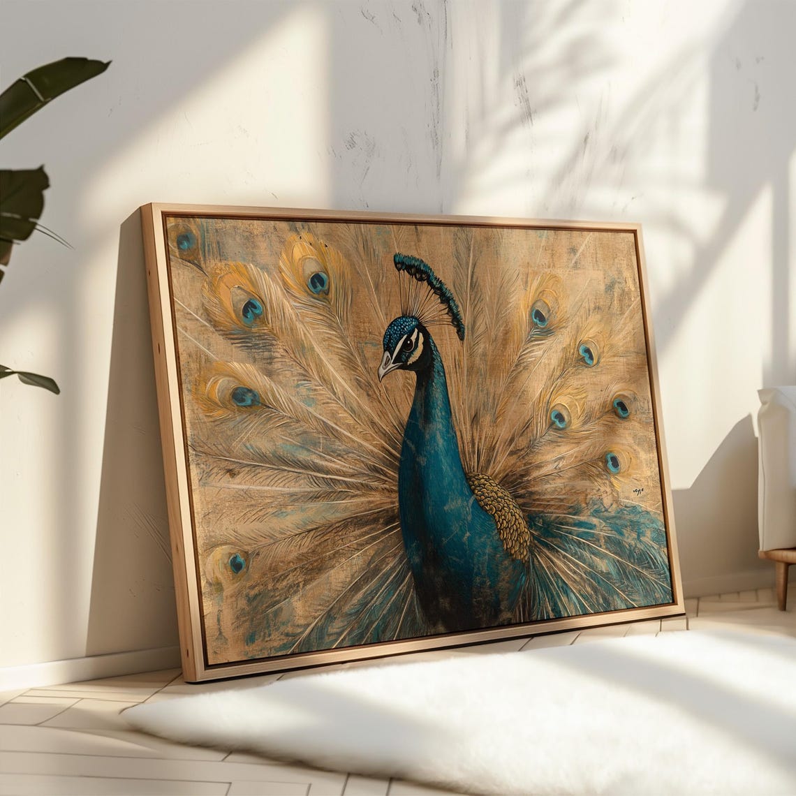 Vintage Peacock With Fanned Tail Teal Gold Elegant Bird Wall Art - Image 4