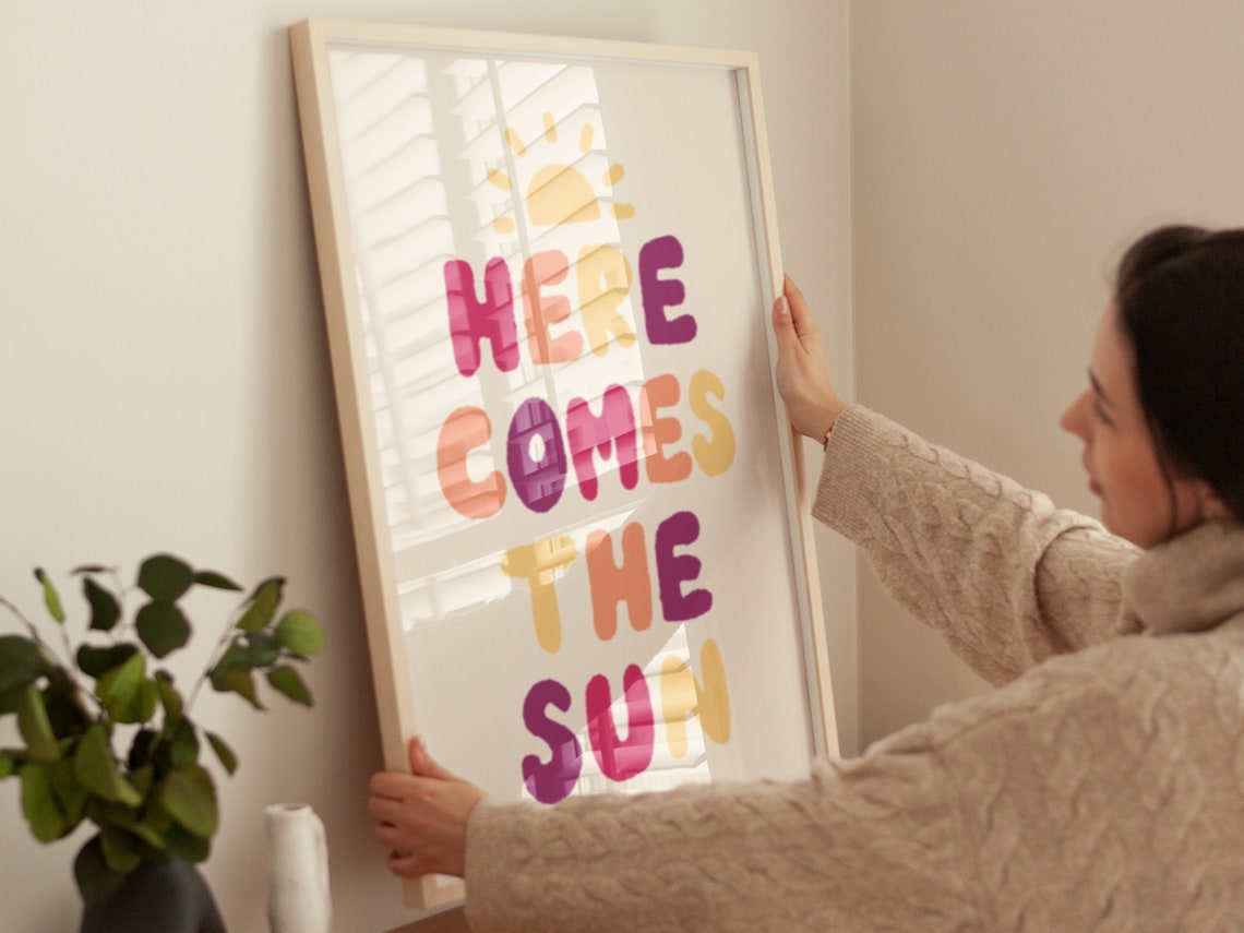 Here Comes The Sun Rainbow Block Letters Sunshine Kids Room Poster - Image 3