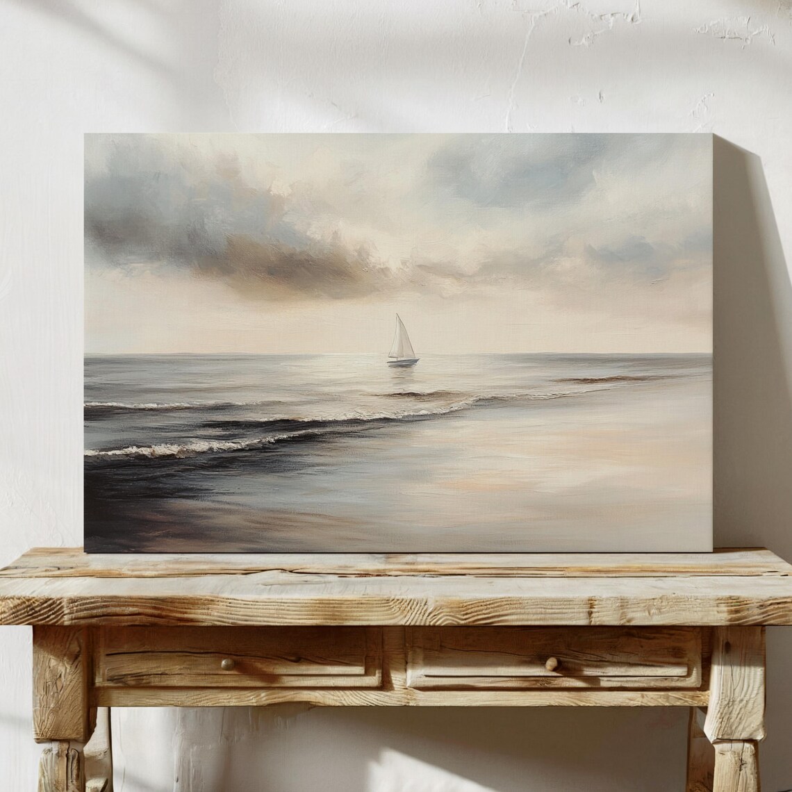 Lonely Sailboat On Calm Sea Under Moody Clouds Neutral Coastal Poster - Image 2