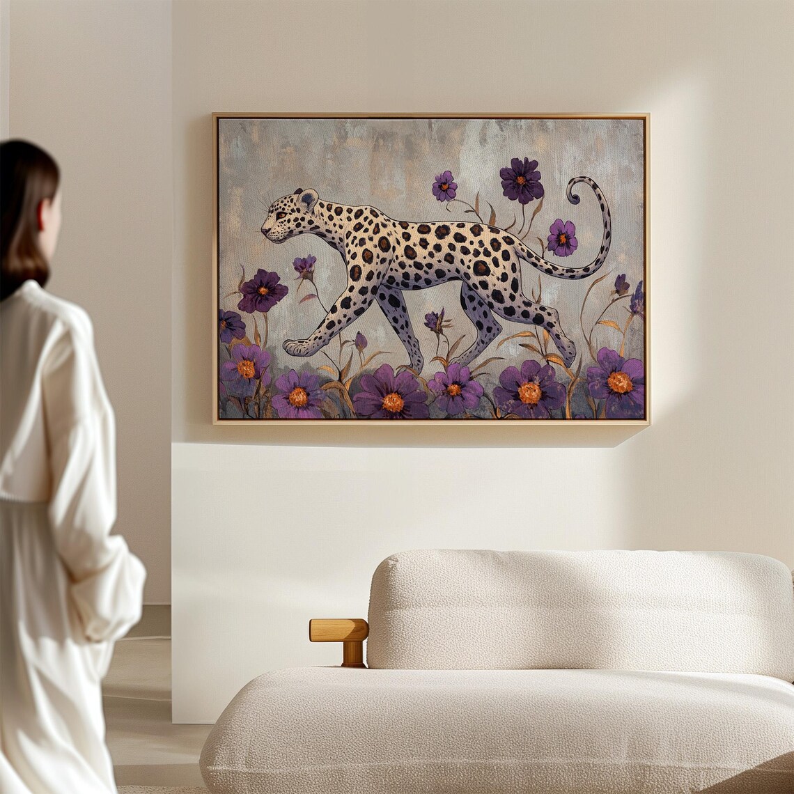 Black And White Leopard Walking Purple Flowers Wildflower Wildlife Poster - Image 4