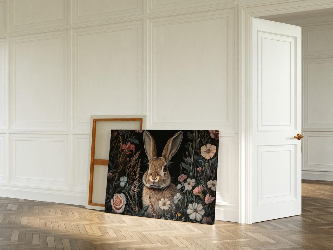 Brown Rabbit Among Wildflowers Dark Botanical Floral Animal Art Print - Image 4