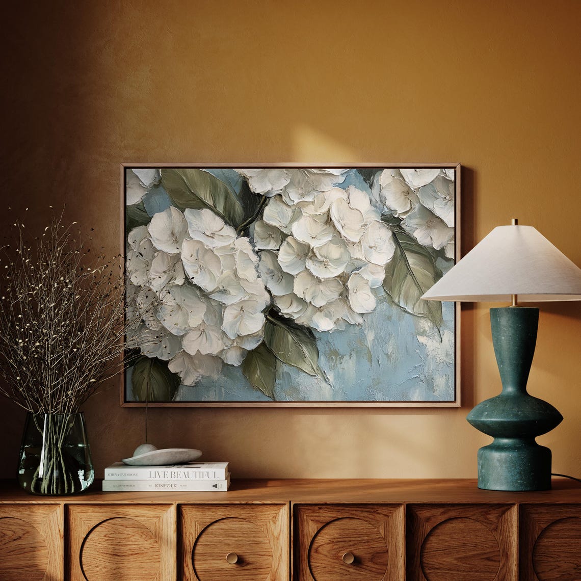 White Hydrangea Clusters Impasto Style Soft Blue Floral Wall Art - Image 4
