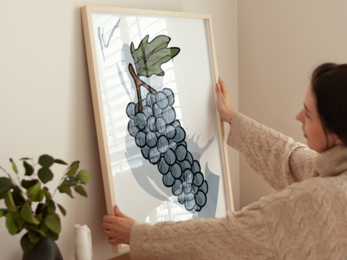 Grape Cluster Hand Drawn Sketch Blue Vine Kitchen Boho Fruit Wall Art