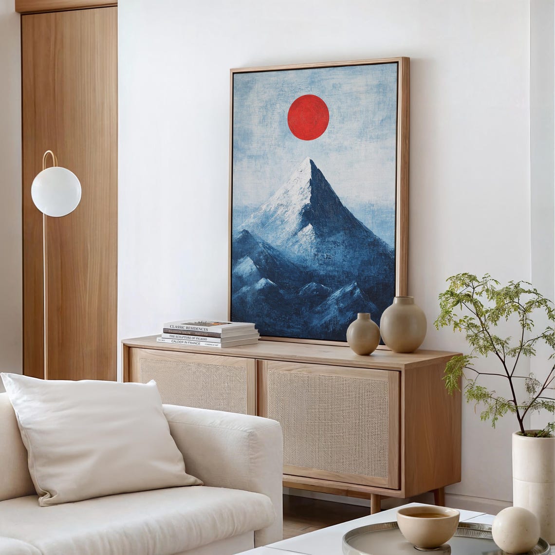 Snowy Mountain Peak With A Fiery Red Sun Against A Cool Blue Sky In Minimalist Abstract Style - Image 4