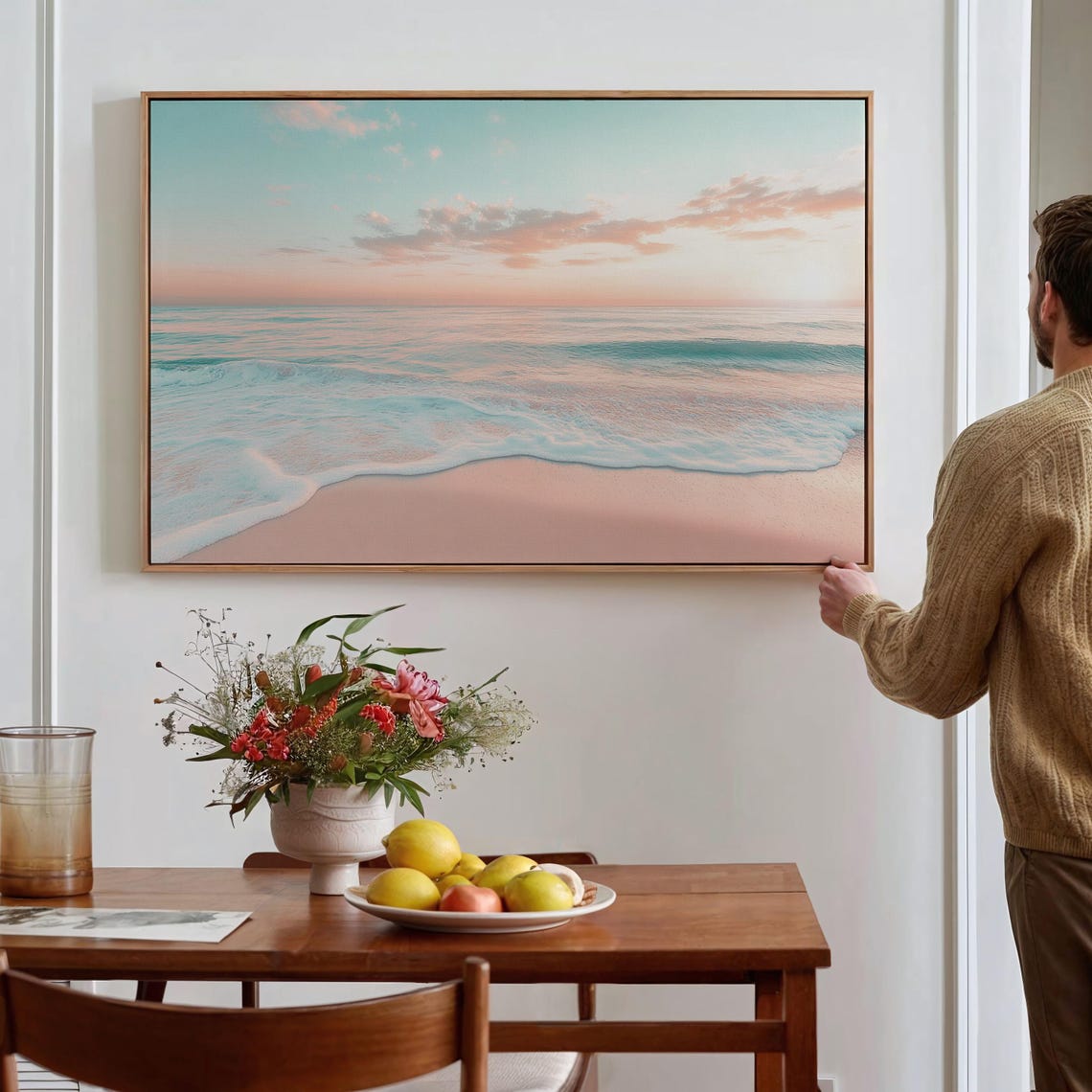 Dreamy Pastel Beach Sunrise Blush Waves Soft Pink Sand Ocean Wall Art - Image 3