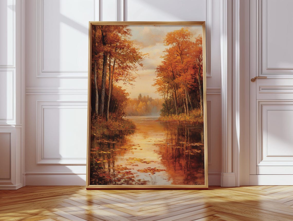 Golden Autumn Forest River Landscape Art Print - Image 2