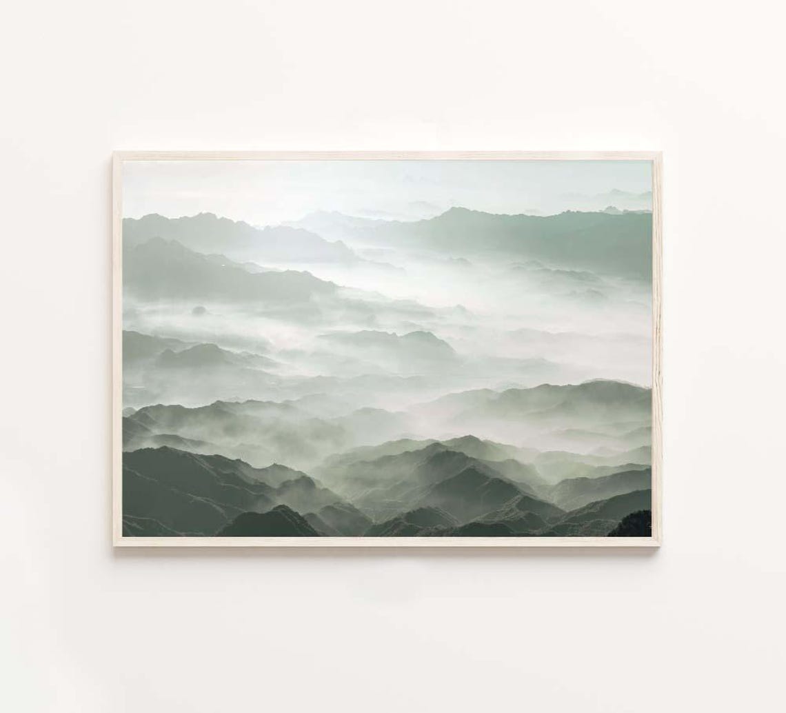 Minimalist Misty Sage Green Mountain Ranges Calm Nature Poster