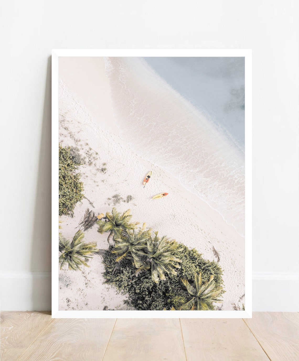 Aerial Beach View Pastel Ocean Palm Trees Kayaks Tropical Shore Poster
