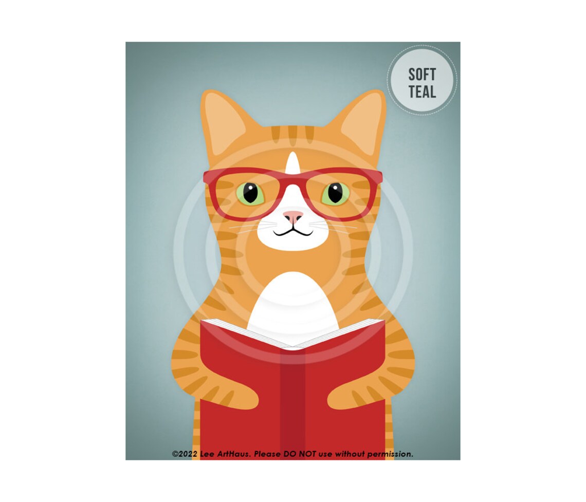 Orange Tabby Cat Reading Red Book Nerdy Glasses Funny Cat Wall Art Poster - Image 4