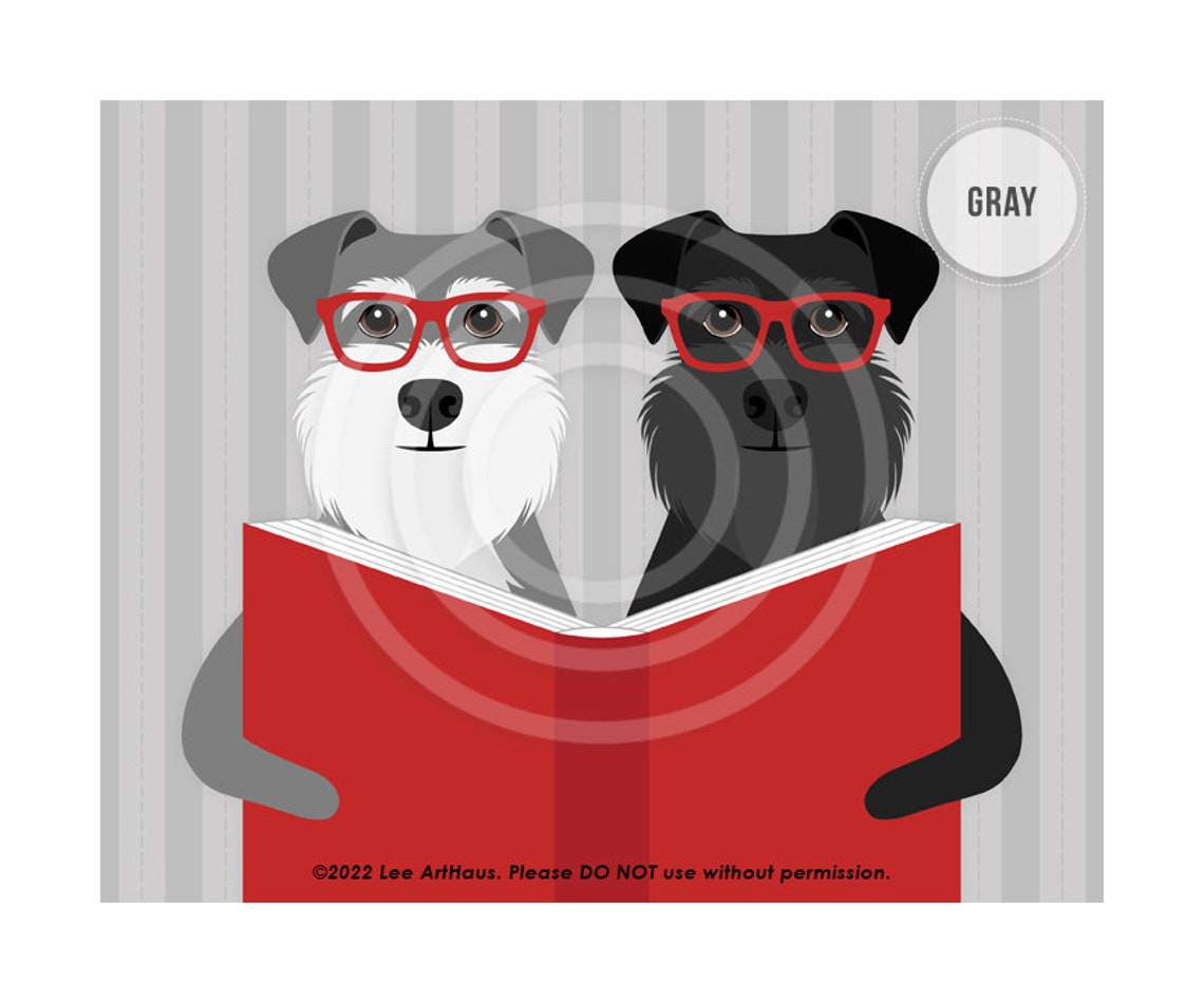 Two Schnauzers With Red Glasses Reading Big Red Book Dog Art Poster