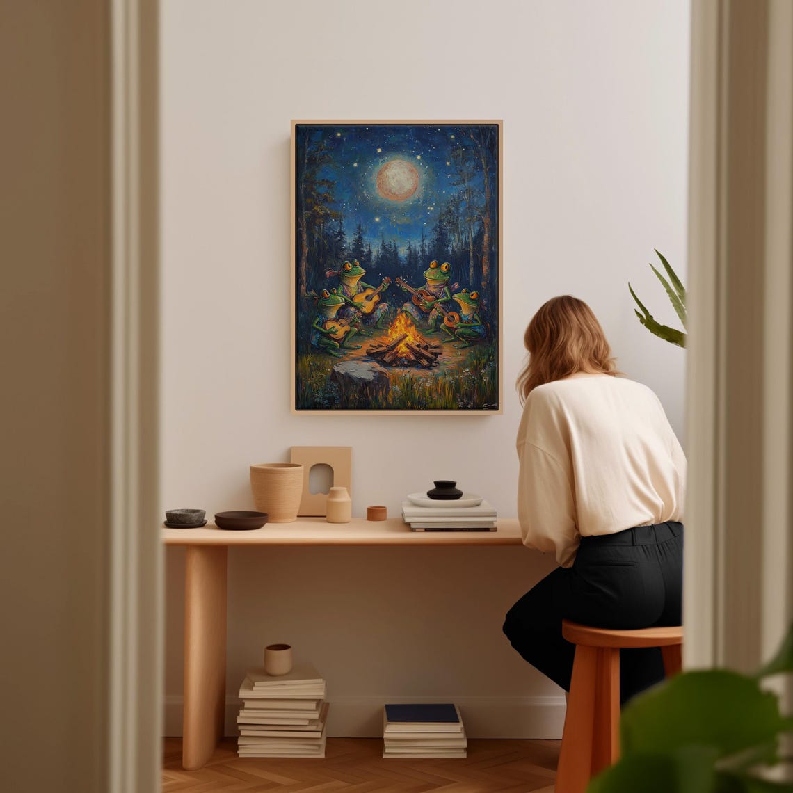 Frogs Playing Guitars Around Campfire Under Full Moon Poster - Image 4