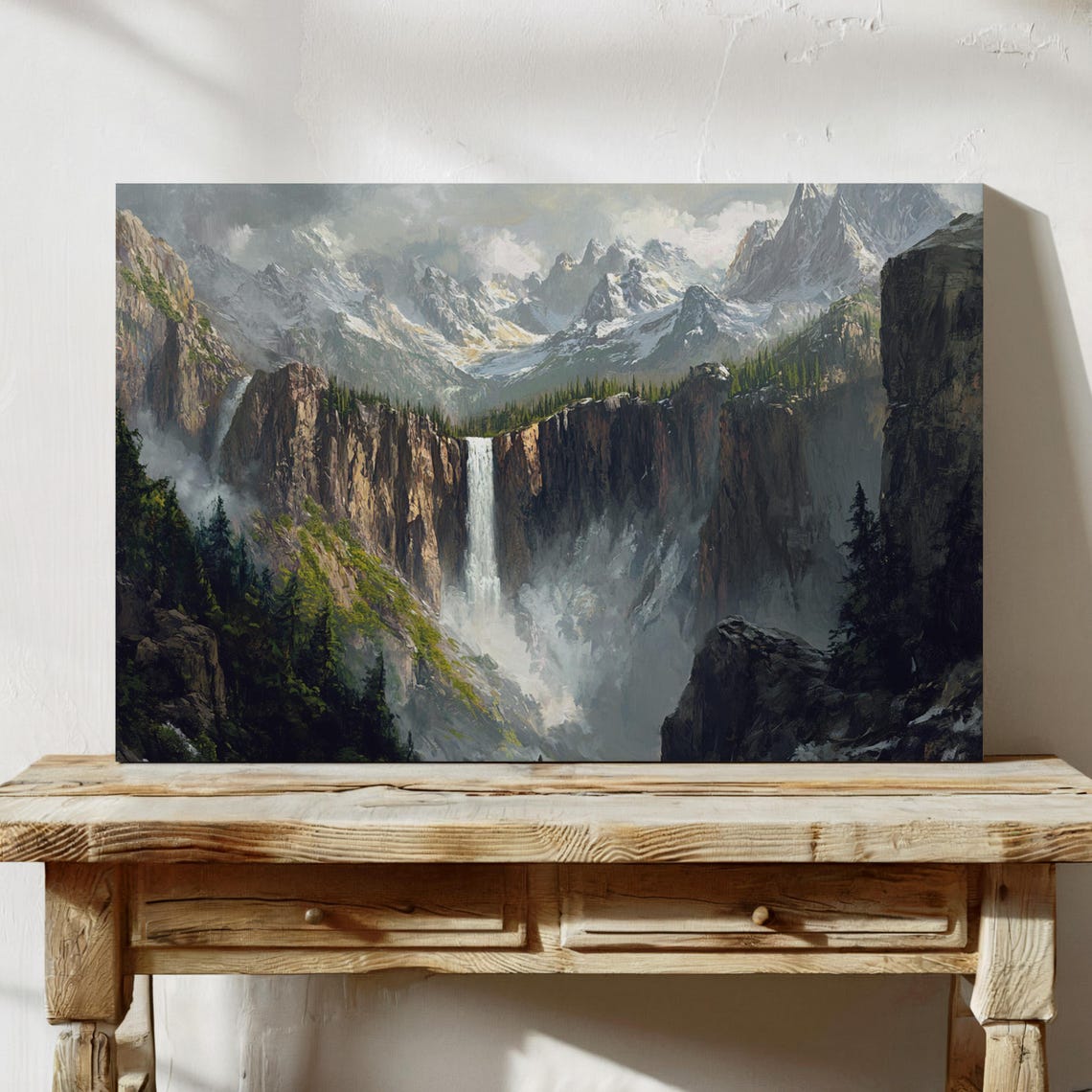 Tall Waterfall Over Misty Cliffs With Snowy Peaks Painting Poster - Image 4