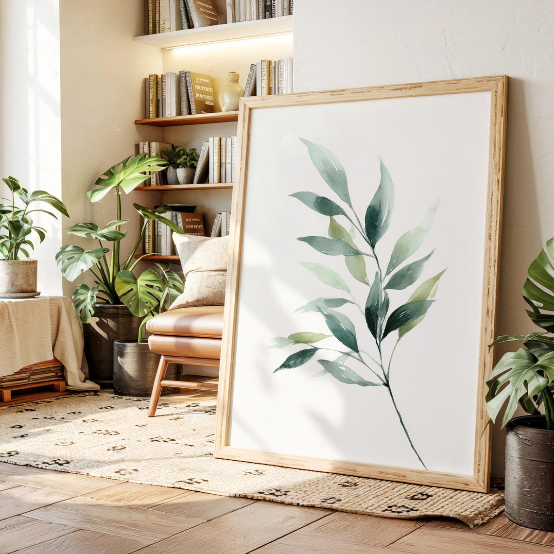 Minimalist Green Watercolor Leaf Branch Botanical Style Poster