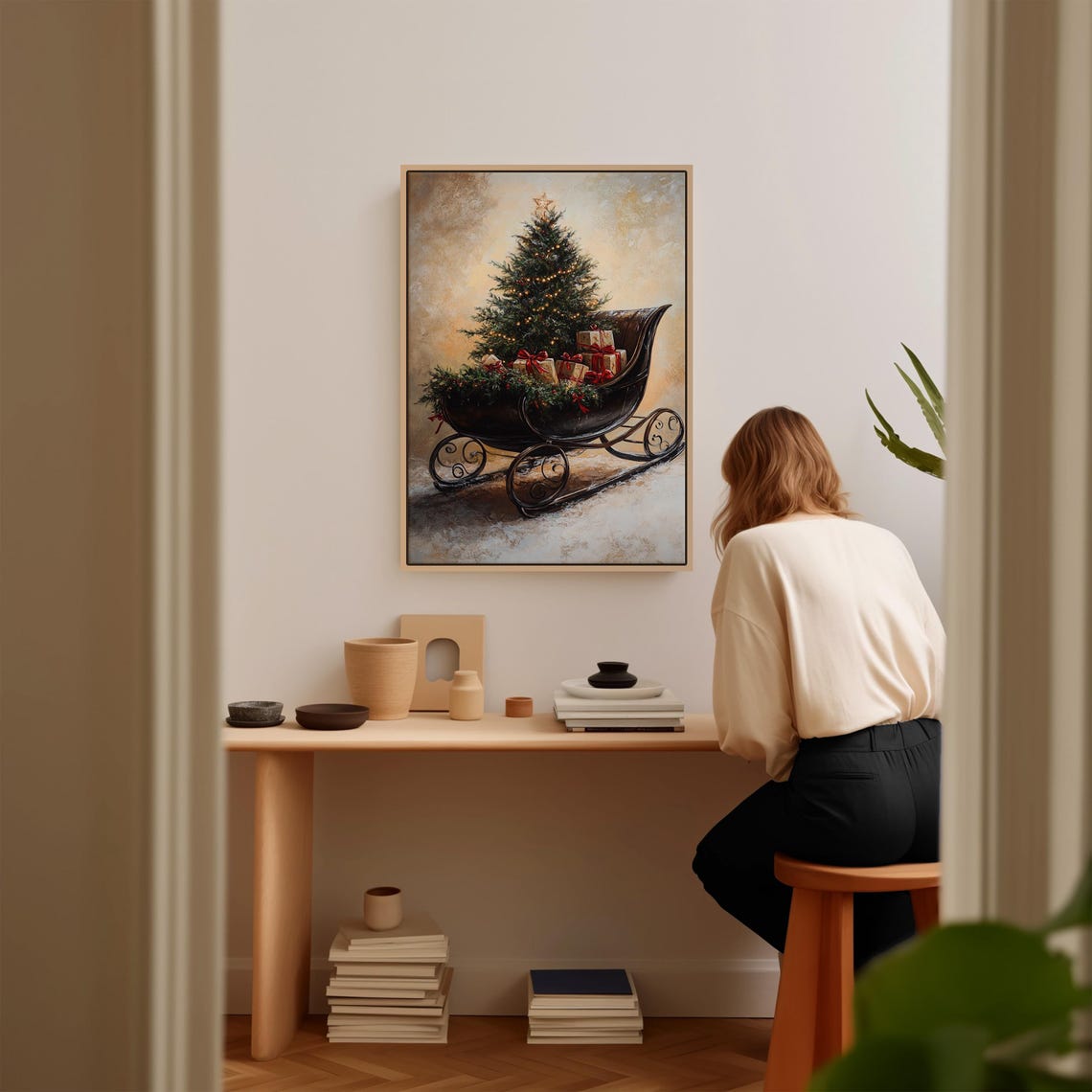 Vintage Sleigh With Star Tree Gifts Warm Christmas Holiday Poster - Image 2