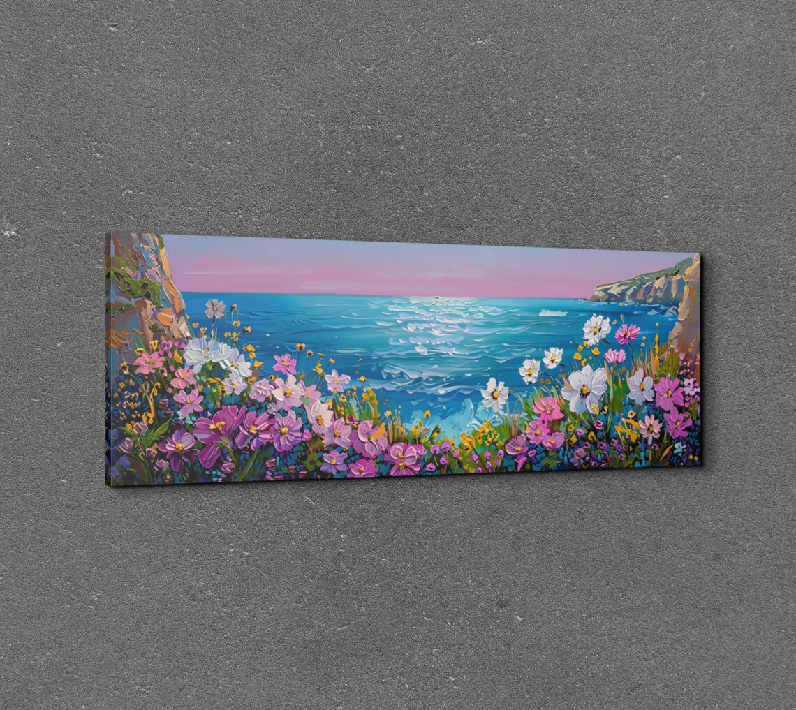 Wildflowers on Coastal Cliffs Overlooking a Turquoise Ocean Panoramic Poster - Image 3
