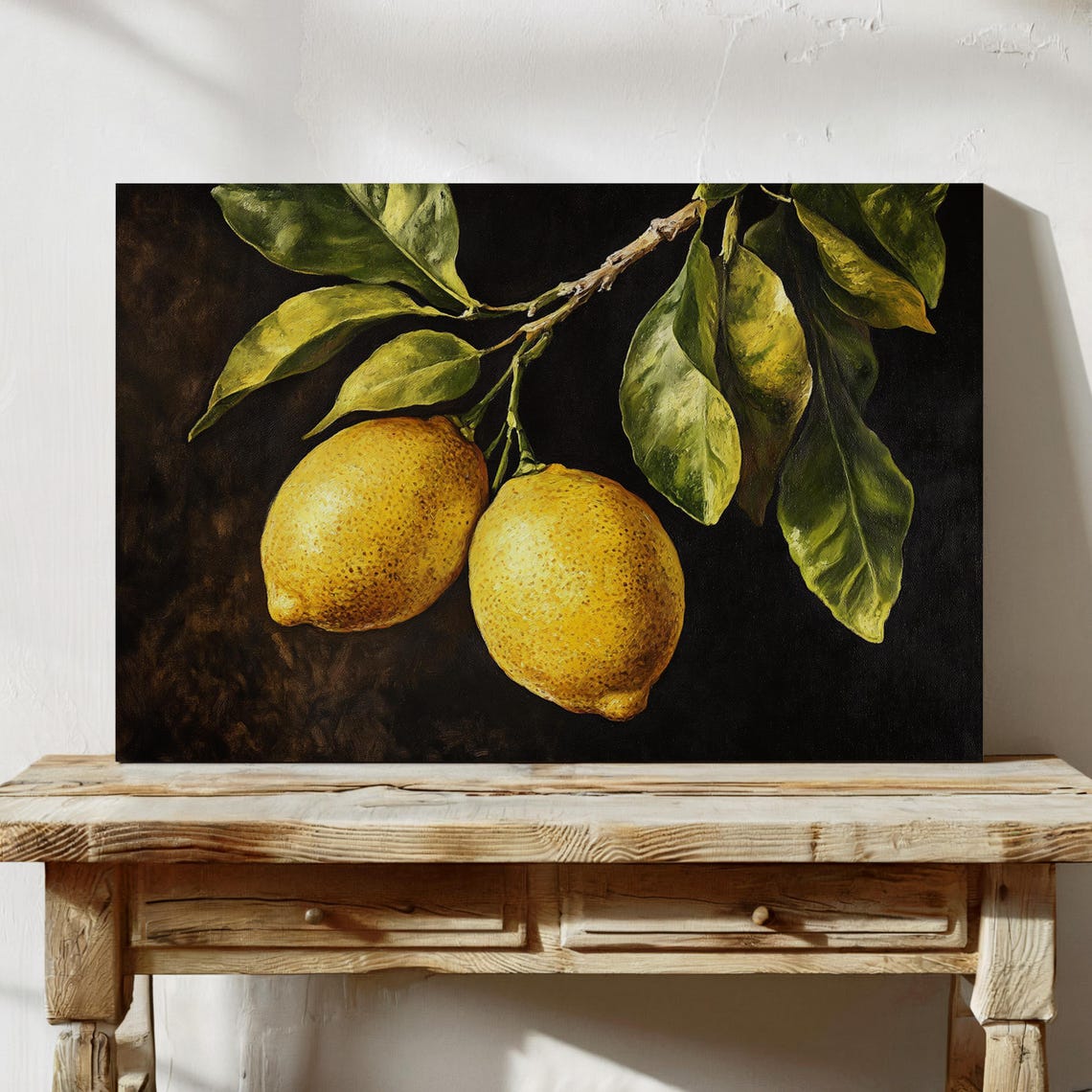 Pair of Ripe Lemons Hanging from Leafy Branch Dark Oil Poster - Image 5